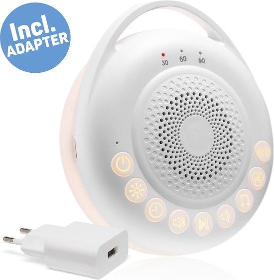 Xoozi Bambino - White Noise Machine Baby - Witte Ruis & Slaaptrainer - Slaaphulp voor Baby en Volwassenen - 24 Geluiden - Inclusief Adapter en Kabel - Ideaal voor Meditatie & Yoga