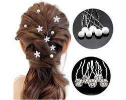 Bruids Haar Clips haarpinnen 12 stuks - PAREL haarpinnen+ Kristal haarpinnen -Youhomy Haarsieraad - Haarversiering - Haaraccessoire | Bruidskapsel pinnen- Bruidmeisje Haarpinnen U-vormige- zilver Bloem - Parel | Bruiloft Gelegenheid