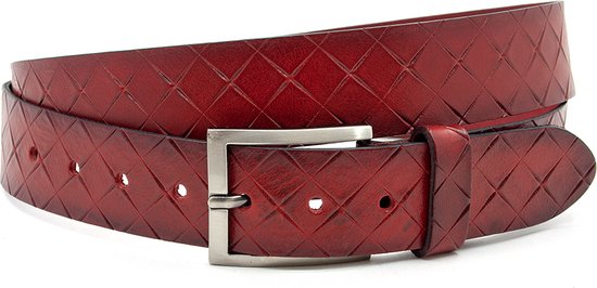 Thimbly Belts Jeansriem rood met ruit patroon - heren en dames riem - 4 cm breed - Rood - Echt Leer - Taille: 120cm - Totale lengte riem: 135cm