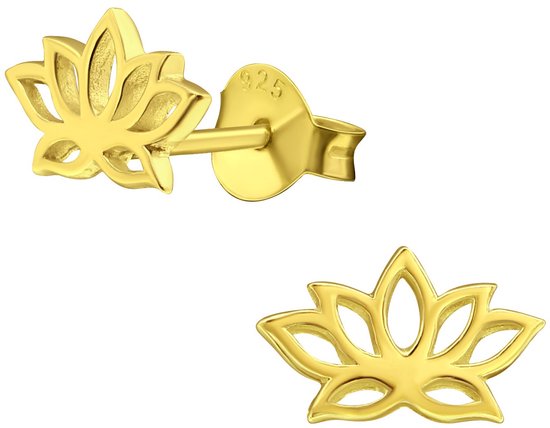 Joy|S - Zilveren lotus bloem oorbellen - 9 x 6 mm - 14k goudplating