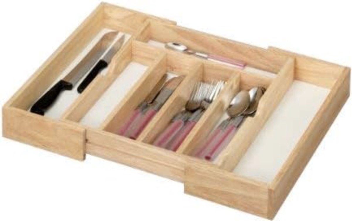 Zeller Uitschuifbare bestekbak - inzetbak - rubberhout - 50 x 38 x 6 cm - Ladeverdeler - vakjes