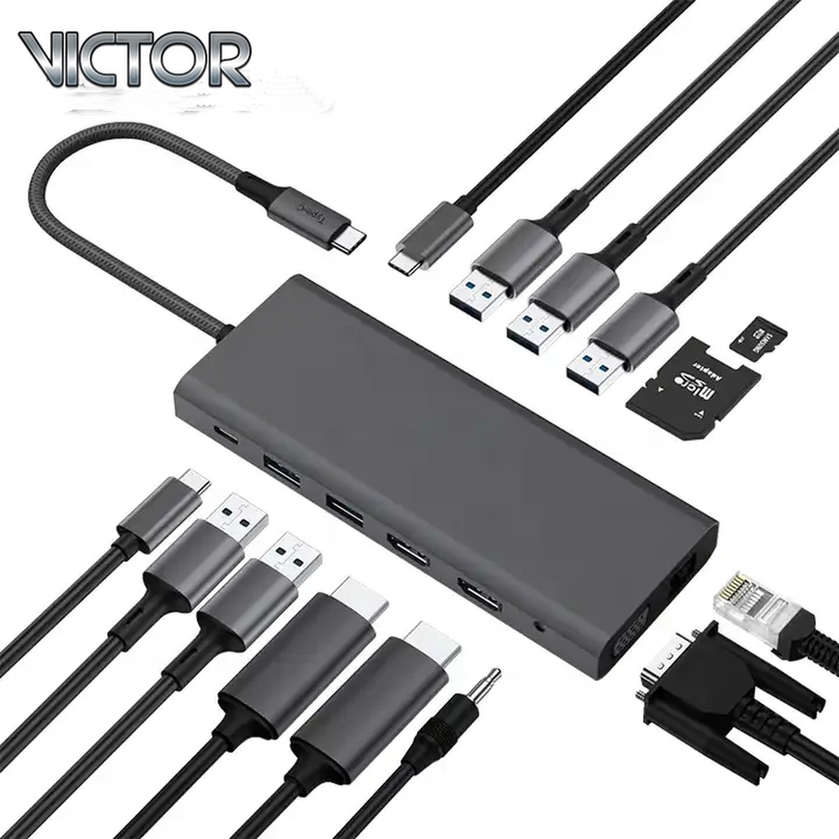 Victor® | 14 in 1 USB C Hub - Dockstation | HDMI | VGA | Ethernet | USB 3.0 | USB 2.0 | TF | SD | 4K
