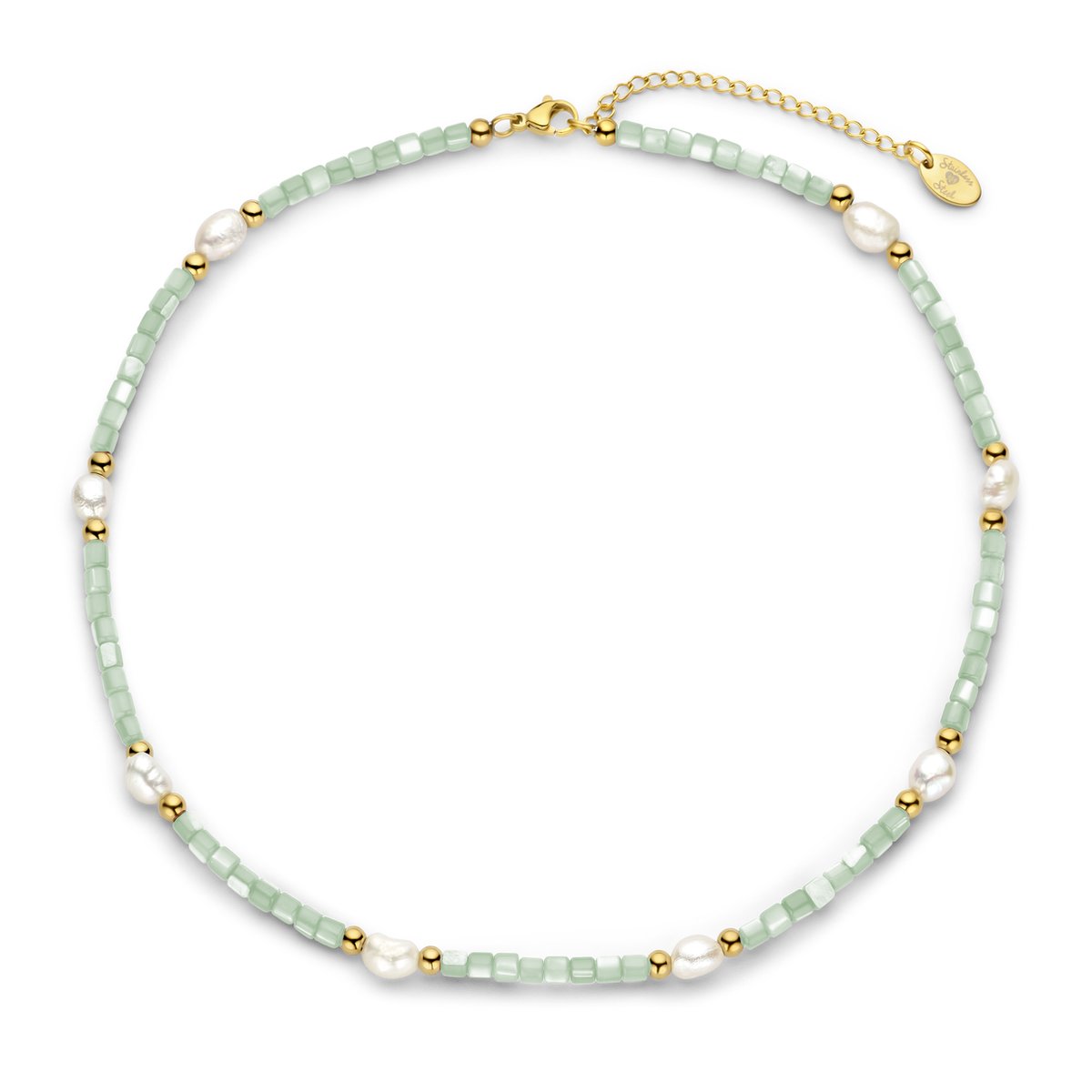 CO88 Collection 8CN-26414 Parelmoer Kralen Ketting met Parels - Kettinkje - Collier - Parel - MOP - 40+5cm - Groen/Wit