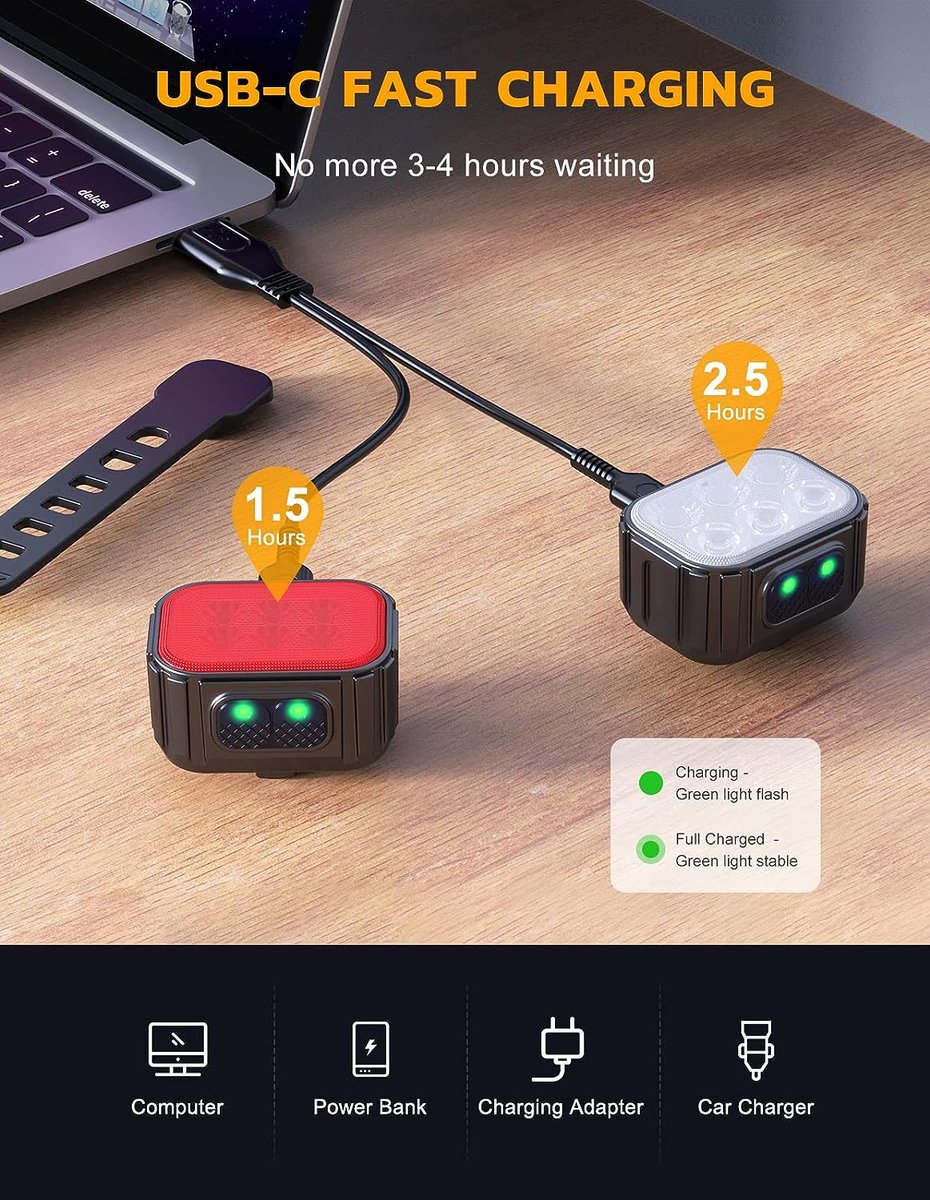 9led fietsverlichtingsset met koplamp voor dichtbij en ver, ultraheldere fietslamp, waterdicht fietslicht voor nachtritten, fietslicht voor en achter met USB-C