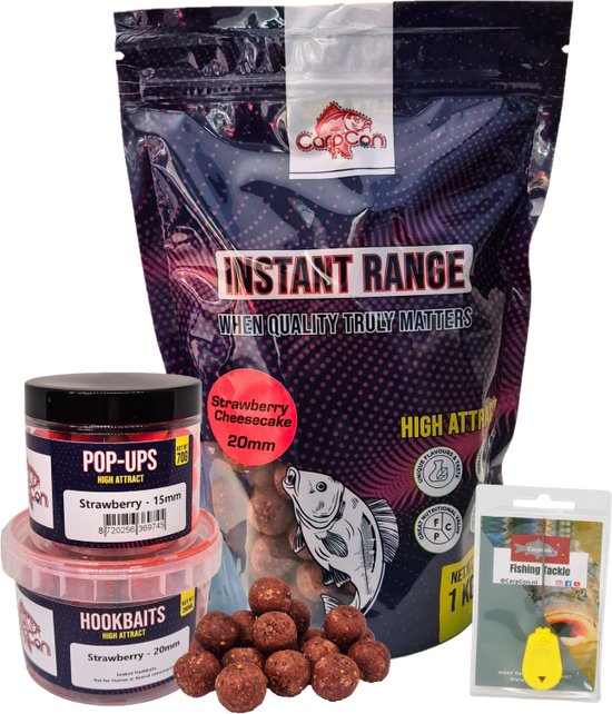 High Attract Voerpakket 'Strawberry Red' - Karper voer/boilies - Voordeelpakket voor vissers - Visset - Met 20mm Instant Range Boilies, Pop Ups, Hookbaits & Boilienaald