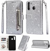 Portemonnee Hoesje - Wallet Case - Rits Sparkly Glitter - Telefoonhoes met Kord Geschikt voor: Samsung Galaxy A11 - Zilver