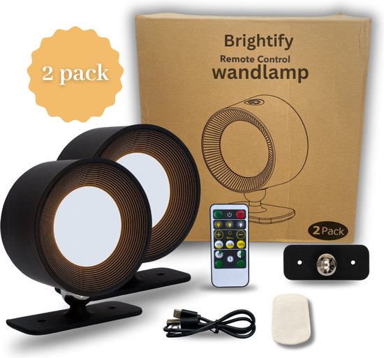 Brightify - LED Wandlamp voor Binnen - 2 Stuks - Wandlamp Binnen - Nachtlampje - Oplaadbaar - Afstandsbediening - Draadloos - Dimbaar - Spots - Smart Lamp - Zonder Boren - 360° verstelbaar - Zwart