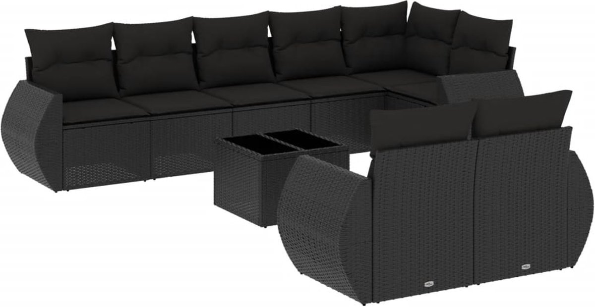 vidaXL 9-delige - Loungeset - met - kussens - poly - rattan - zwart