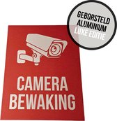 Pictogram/ bord geborsteld aluminium | "Camerabewaking" | 19 x 25 cm | Luxe uitvoering | CCTV | Beveiliging | Camera bewaking | Videobewaking | Diefstal verhinderen | Preventie | Opvallend | Rood | 3 mm | 1 stuk
