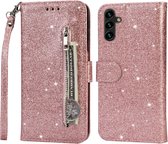 Portemonnee Hoesje - Wallet Case - Rits Sparkly Glitter - Telefoonhoes met Kord Geschikt voor: Samsung Galaxy A34 4G & 5G - Rosegoud