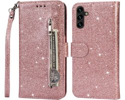 Portemonnee Hoesje - Wallet Case - Rits Sparkly Glitter - Telefoonhoes met Kord Geschikt voor: Samsung Galaxy A34 4G & 5G - Rosegoud