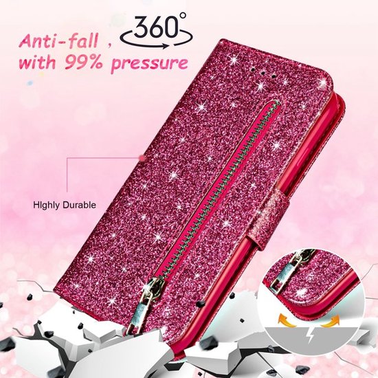 Étui portefeuille - Étui portefeuille - Fermeture éclair à Glitter scintillantes - Étui de téléphone avec Kord Convient pour : Samsung Galaxy A34 4G & 5G - Rose