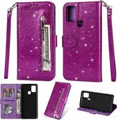 Portemonnee Hoesje - Wallet Case - Rits Sparkly Glitter - Telefoonhoes met Kord Geschikt voor: Samsung Galaxy M21 / M30S - Paars