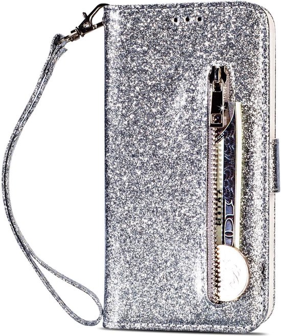 Étui portefeuille - Étui portefeuille - Glitter éclair à paillettes scintillantes - Étui de téléphone avec cordon Convient pour : Samsung Galaxy S10E - Argent