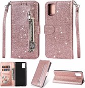 Portemonnee Hoesje - Wallet Case - Rits Sparkly Glitter - Telefoonhoes met Kord Geschikt voor: Samsung Galaxy A51 5G - Rosegoud