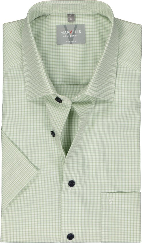 Chemise confort MARVELIS - manches courtes - popeline - vert clair à carreaux blancs - Infroissable - Taille col : 42