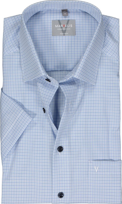 Chemise confort MARVELIS - manches courtes - popeline - bleu clair à carreaux blancs - Ne pas repasser - Taille col : 45
