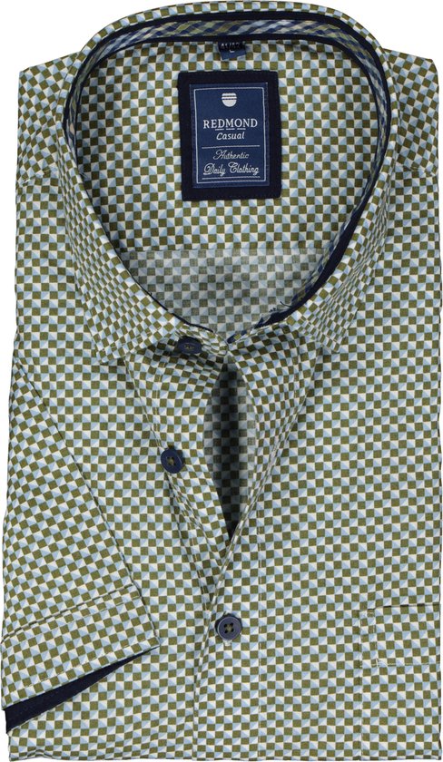 Redmond regular fit overhemd - korte mouw - popeline - groen dessin - Strijkvriendelijk - Boordmaat: 53/54