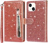 Portemonnee Hoesje - Wallet Case - Rits Sparkly Glitter - Telefoonhoes met Kord Geschikt voor: Apple iPhone 15 - Rosegoud