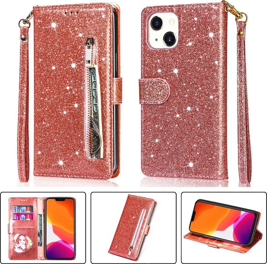 Étui portefeuille - Étui portefeuille - Fermeture éclair à Glitter scintillantes - Étui de téléphone avec Kord Convient pour : Apple iPhone 14 - Or rose