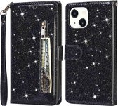 Portemonnee Hoesje - Wallet Case - Rits Sparkly Glitter - Telefoonhoes met Kord Geschikt voor: Apple iPhone 13 Mini - Zwart