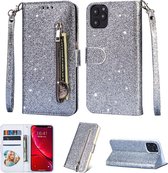 Portemonnee Hoesje - Wallet Case - Rits Sparkly Glitter - Telefoonhoes met Kord Geschikt voor: Apple iPhone 12 Pro - Zilver
