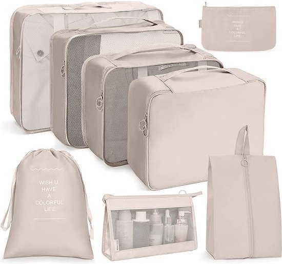 Cubes d'emballage, 8 pièces, sacs d'emballage pour organisateur de voyage, organisateurs d'emballage de bagages de voyage, sac imperméable pour essentiels de voyage, vêtements, chaussures, cosmétiques, articles de toilette (beige)