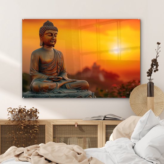 MuchoWow® Peinture sur verre 120x80 cm - Peinture sur verre - Bouddha - Image - Coucher de soleil - Bouddha - Zen - Japon - Photo sur verre acrylique - Décoration murale salon - Décoration murale chambre - Peintures