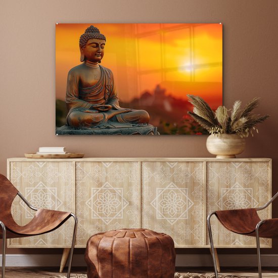 MuchoWow® Peinture sur verre 120x80 cm - Peinture sur verre - Bouddha - Image - Coucher de soleil - Bouddha - Zen - Japon - Photo sur verre acrylique - Décoration murale salon - Décoration murale chambre - Peintures