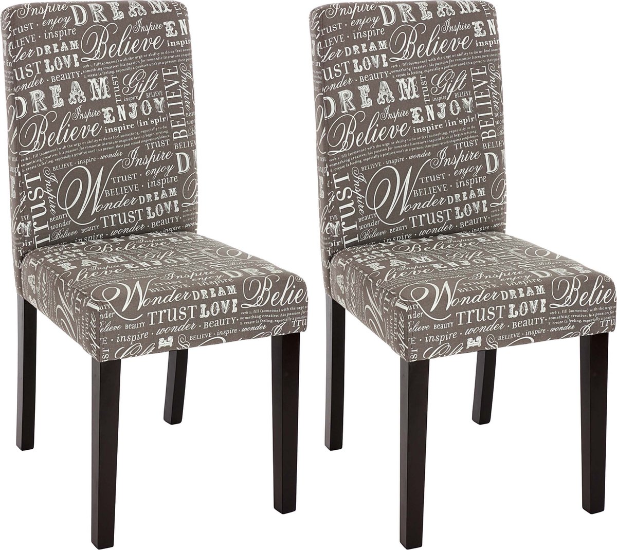 Cosmo Casa Set Van 2 Eetkamerstoelen - Keukenstoelen - Textiel Met Belettering - Grijs - Donkere Poten