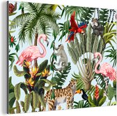 Wanddecoratie Metaal - Aluminium Schilderij Industrieel - Jungle - Dieren - Meisjes - Kinderen - Jongens - Flamingo - Papegaai - 80x60 cm - Dibond - Foto op aluminium - Industriële muurdecoratie - Voor de woonkamer/slaapkamer