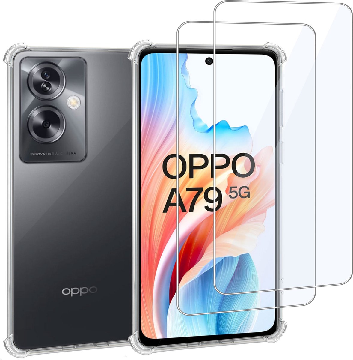 Geschikt voor OPPO A79 5G - Hoesje + 2x Screenprotector – Gehard Glas Cover + Shock Proof Case – Transparant