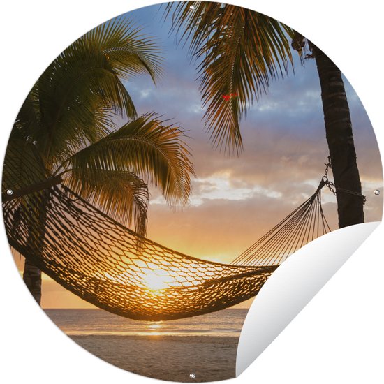 Tuincirkel Hangmat op het Caribische strand - 60x60 cm - Ronde Tuinposter - Buiten