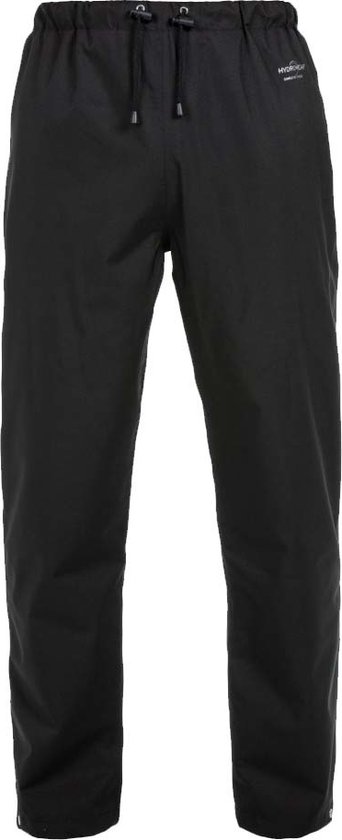 Zwarte regenbroek met trekkoord, elastische tailleband en drukknoopjes.