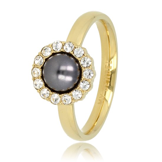 My Bendel - Ring goudkleurig met zirkonia steentjes en zwarte parel - Goudkleurige ring met een ronde zwarte parel versierd met zirkonia steentjes - Met luxe cadeauverpakking