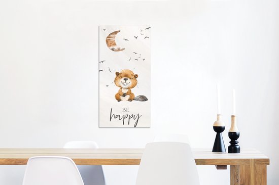 Décoration murale Métal - Peinture Aluminium Industriel - Citations - Be happy - Enfants - Lune - Castor - Aquarelle - 40x80 cm - Dibond - Photo sur aluminium - Décoration murale industrielle - Pour le salon/chambre