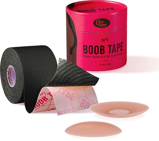 Foto: Curetape boob tape no1 zwart fashion tape plak bh borst tape boobtape met silicone nipple covers