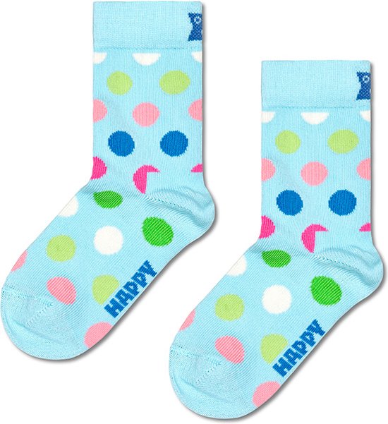 Lichtblauwe kindersokken met veelkleurige stippen, palmbomen, bladeren en het woord 'HAPPY'.