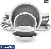 CasaVibe Luxe Serviesset – 32 delig – 8 persoons – Porselein - Bordenset – Dinner platen – Dessertborden - Kommen - Mokken - Set - Grijs - Wit - Ori