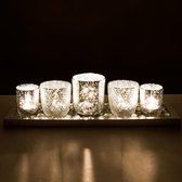 Theelichthouderset, 5 stuks kaarsenhouders, glas met dienblad en glassteen, romantische zilveren theelichtglazen voor tafeldecoratie, windlicht, glas voor Kerstmis, bruiloft, vakantiedecoratie