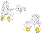 Joy|S - Zilveren rollerskates oorbellen - 8.7 x 9.1 mm - zilver met pastel regenboog - kristal geel - rolschaatsen oorknoppen
