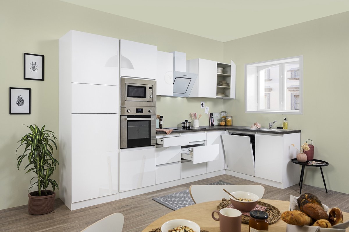 Hoekkeuken 345 cm - complete keuken met apparatuur Lorena - Wit/Wit - soft close - keramis
