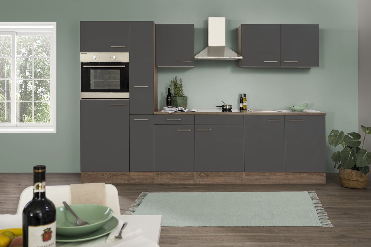 complete keuken met apparatuur Oliver-Goedkope keuken 300 cm-Donker eiken/Grijs - keramisc
