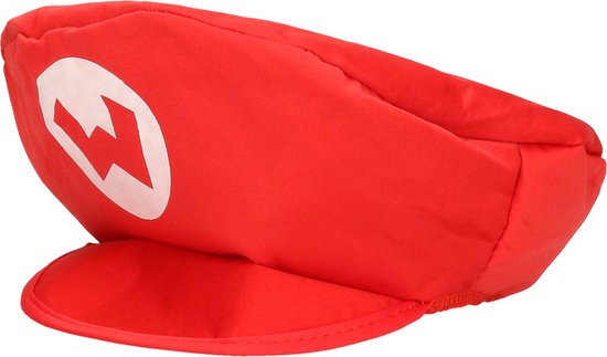 Rode Mario pet met een witte 'M' op een cirkel.
