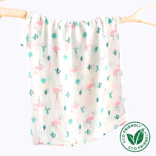 BoefieBoef XL Hydrofiele Doek 120x110cm - Zachte Bamboe Swaddle, Inbakerdoek, Mousseline Doek voor Baby's en Newborns 0 tot 12 maanden - Flamingo - Dubbellaags, Ademend en Absorberend - Kerst en KraamCadeau - Duurzaam - Babydeken - Groen Roze Plant van Merkloos — afbeelding 3