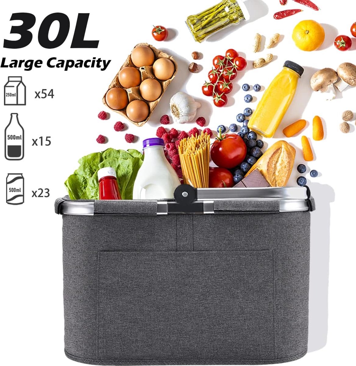 Panier De Course Pliable 30L - Noir - Cadre Aluminium - Poignée Rembourrée - Idéal Pique-nique
