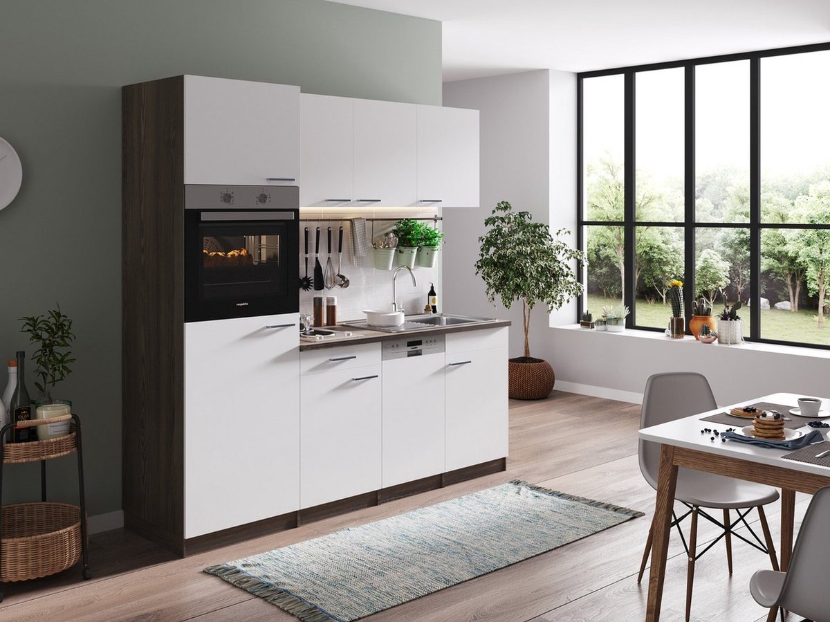 complete keuken met apparatuur Oliver-Goedkope keuken 205 cm - Donker eiken/Wit - keramisc