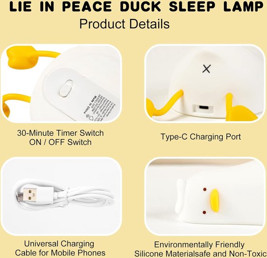 DiverseGoods Siliconen Nachtlampje Kinderen, Eend Led Bedlampje USB-Oplaad en Timingfunctie 1200 mAh Kawaii Nachtlampje met Aanraakschakelaar en Helderheidsaanpassing 3 Niveaus Houder voor Mobiele Telefoon van DiverseGoods — afbeelding 4