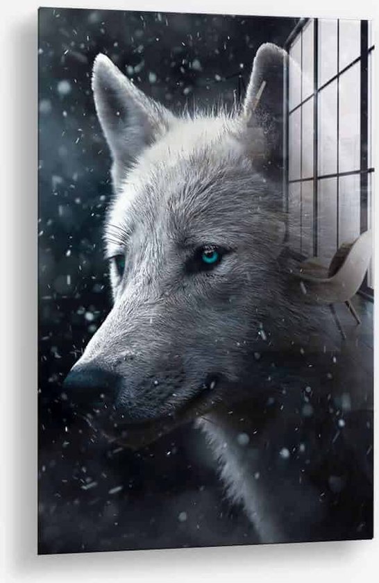 Wallfield™ - Snowy Wolf | Glasschilderij | Gehard glas | 60 x 90 cm | Magnetisch Ophangsysteem
