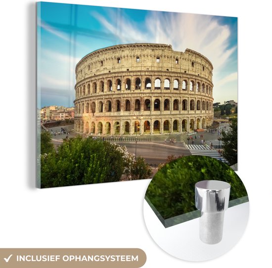 MuchoWow® Glasschilderij 120x80 cm - Schilderij acrylglas - Roman Colosseum Rome bij zonsondergang - Foto op glas - Schilderijen